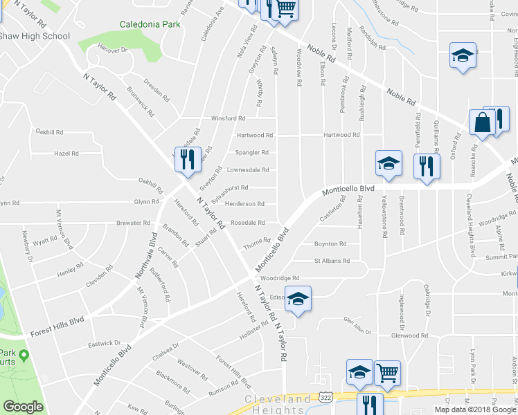 map of restaurants, bars, coffee shops, grocery stores, and more near 3390 Henderson Road in Cleveland Heights