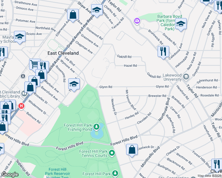 map of restaurants, bars, coffee shops, grocery stores, and more near 15608 Glynn Road in East Cleveland