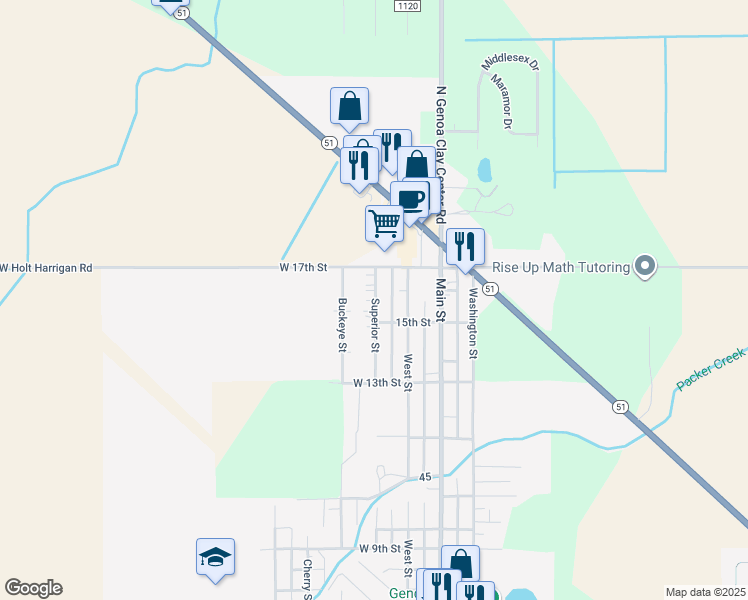 map of restaurants, bars, coffee shops, grocery stores, and more near 1507 Superior Street in Genoa