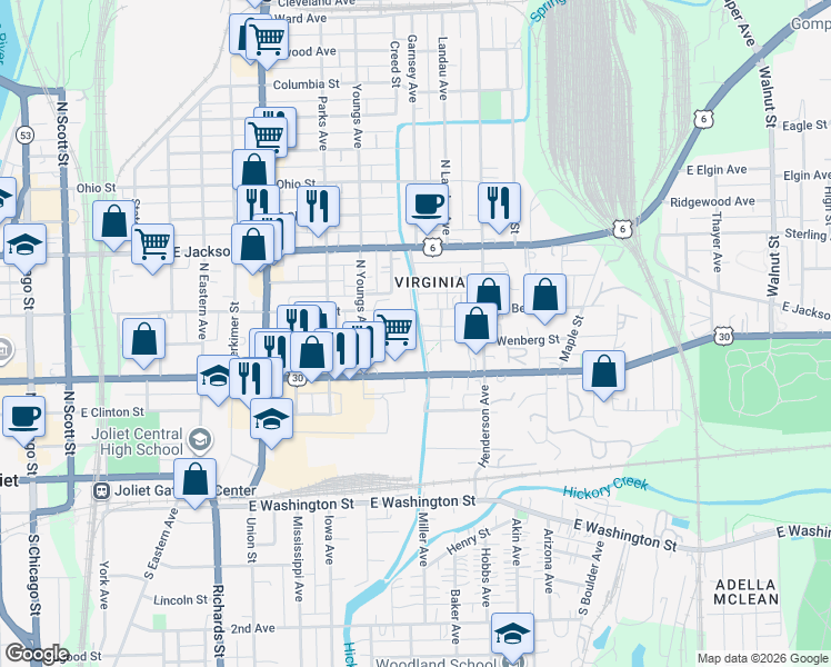 map of restaurants, bars, coffee shops, grocery stores, and more near 214 North Garnsey Avenue in Joliet