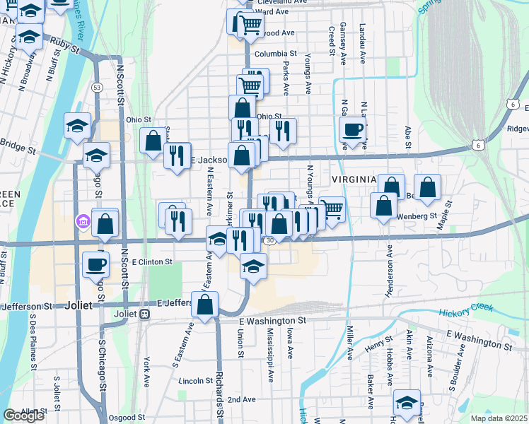 map of restaurants, bars, coffee shops, grocery stores, and more near 210 Casseday Avenue in Joliet