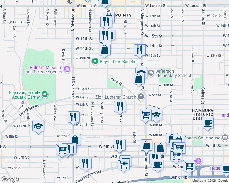 map of restaurants, bars, coffee shops, grocery stores, and more near 1433 W 10th St in Davenport