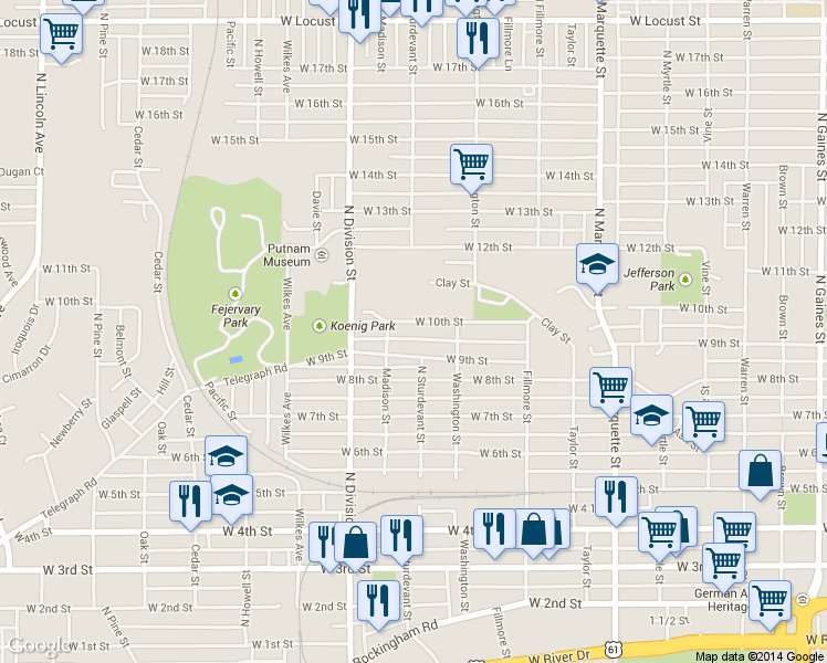 map of restaurants, bars, coffee shops, grocery stores, and more near 1525 West 10th Street in Davenport