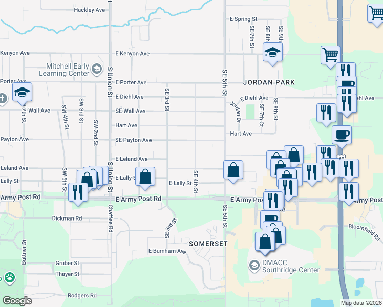 map of restaurants, bars, coffee shops, grocery stores, and more near 6100 Southeast 4th Street in Des Moines