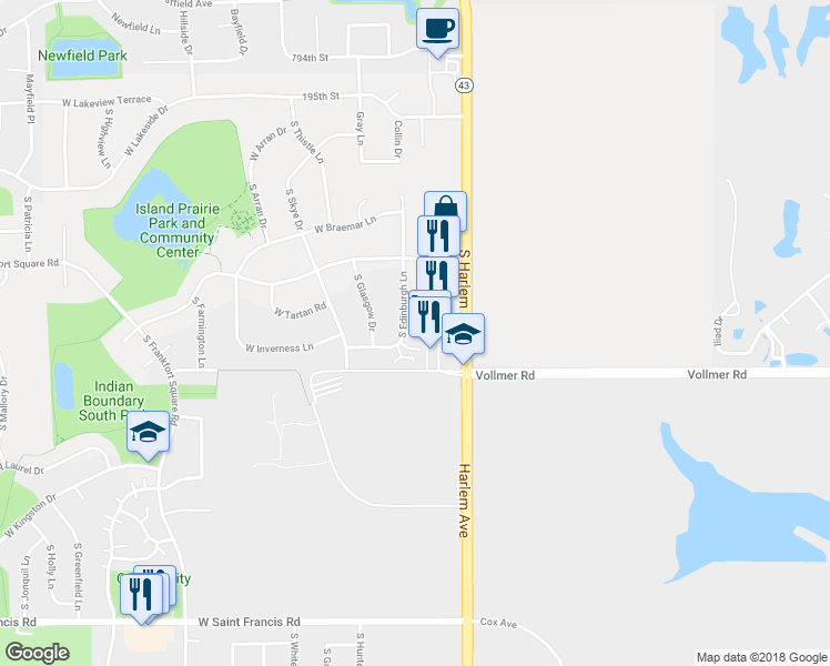 map of restaurants, bars, coffee shops, grocery stores, and more near 19805 South Edinburgh Lane in Frankfort