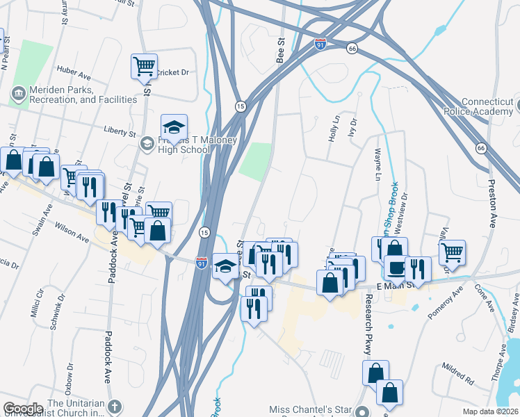 map of restaurants, bars, coffee shops, grocery stores, and more near 111 Bee Street in Meriden