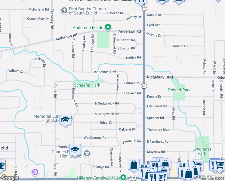 map of restaurants, bars, coffee shops, grocery stores, and more near 4967 Fairlawn Road in Lyndhurst