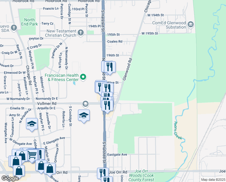 map of restaurants, bars, coffee shops, grocery stores, and more near 19800 Glenwood Road in Chicago Heights