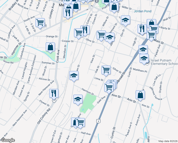 map of restaurants, bars, coffee shops, grocery stores, and more near 17 Jefferson Street in Meriden