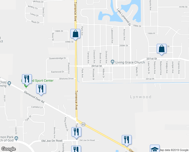 map of restaurants, bars, coffee shops, grocery stores, and more near 20145 Woodale Street in Lynwood