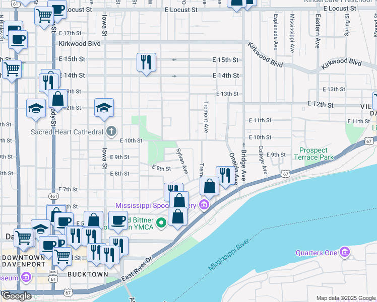 map of restaurants, bars, coffee shops, grocery stores, and more near 931 Sylvan Avenue in Davenport