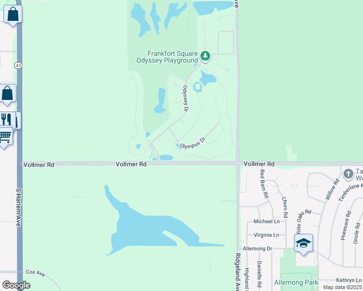 map of restaurants, bars, coffee shops, grocery stores, and more near 32 Olympus Drive in Tinley Park