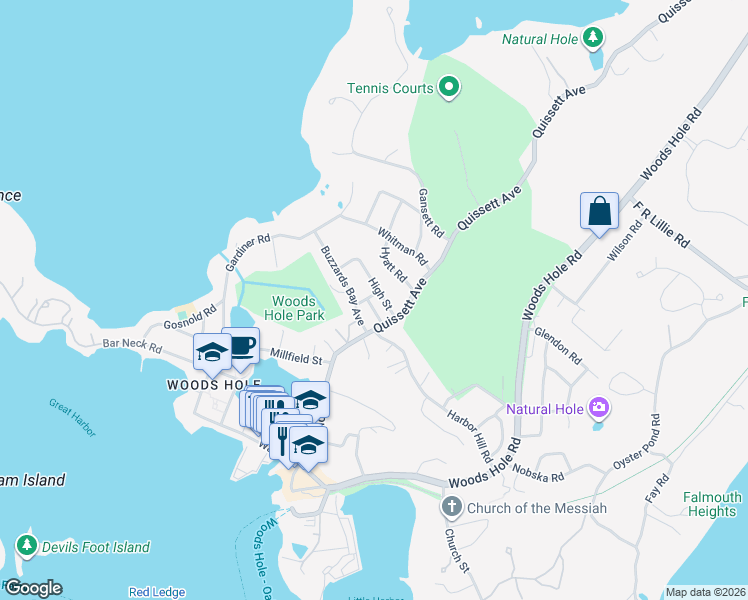 map of restaurants, bars, coffee shops, grocery stores, and more near 15 Buzzards Bay Avenue in Falmouth