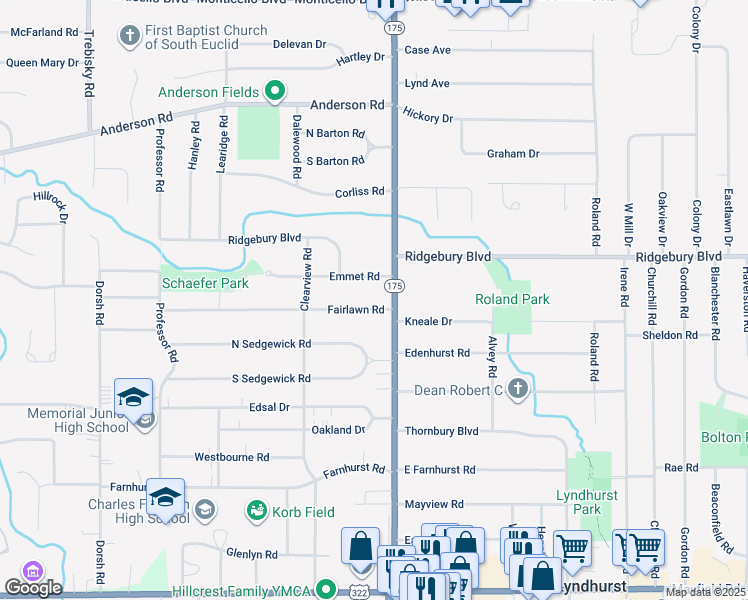 map of restaurants, bars, coffee shops, grocery stores, and more near 5045 Fairlawn Road in Lyndhurst