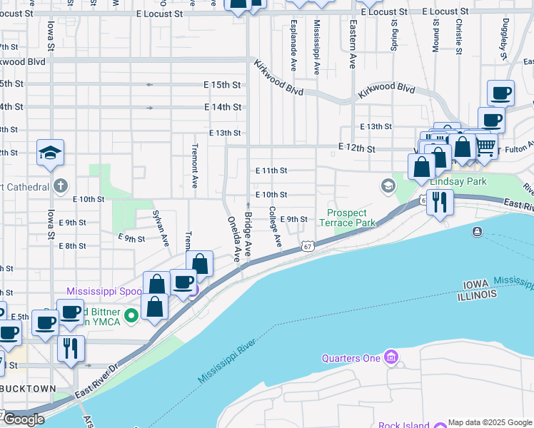 map of restaurants, bars, coffee shops, grocery stores, and more near 904 College Avenue in Davenport