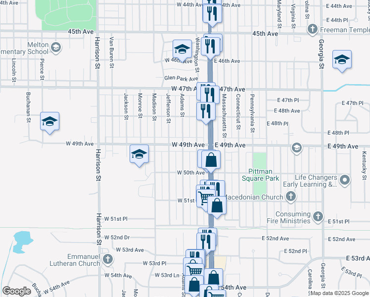 map of restaurants, bars, coffee shops, grocery stores, and more near 4924 Adams Street in Gary