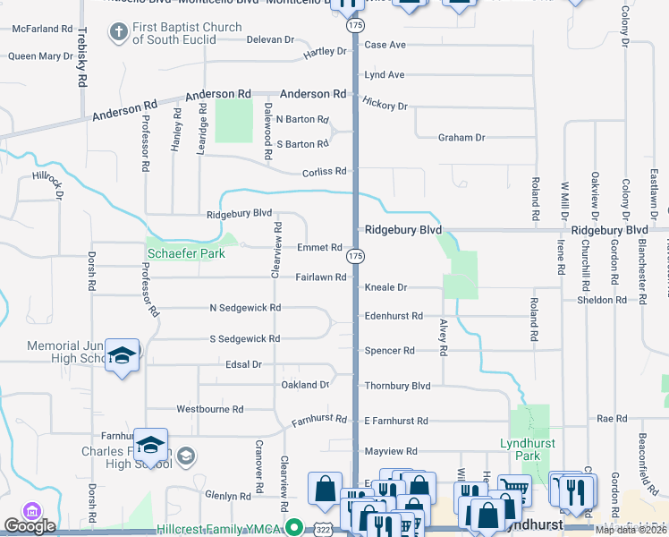 map of restaurants, bars, coffee shops, grocery stores, and more near 5045 Fairlawn Road in Lyndhurst