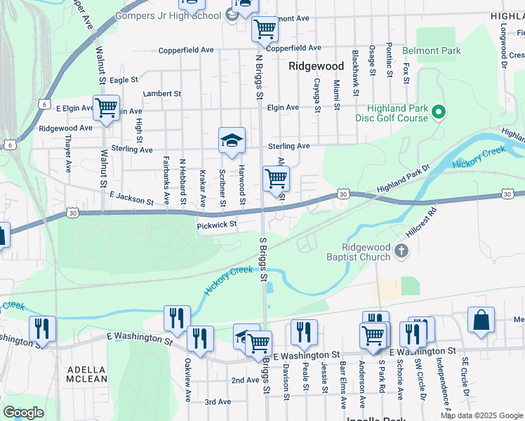 map of restaurants, bars, coffee shops, grocery stores, and more near U.S. Route 30 & E Cass St & N Briggs St in Joliet