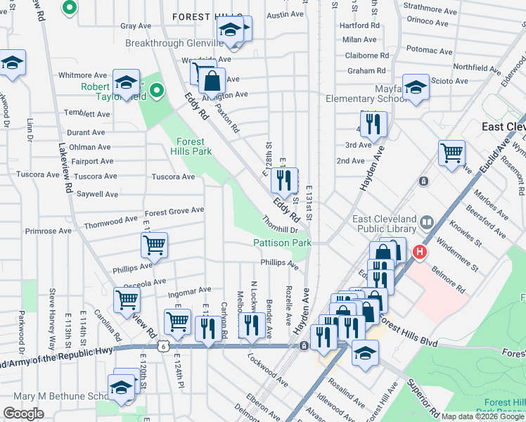 map of restaurants, bars, coffee shops, grocery stores, and more near 1075 Thornhill Drive in Cleveland
