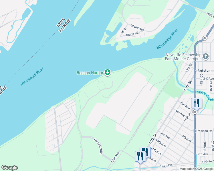 map of restaurants, bars, coffee shops, grocery stores, and more near 101 Beacon Harbor Parkway in East Moline