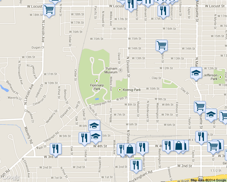 map of restaurants, bars, coffee shops, grocery stores, and more near 935 Wilkes Ave in Davenport