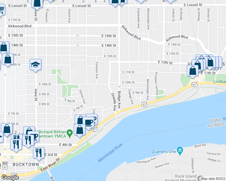 map of restaurants, bars, coffee shops, grocery stores, and more near 903 Oneida Avenue in Davenport