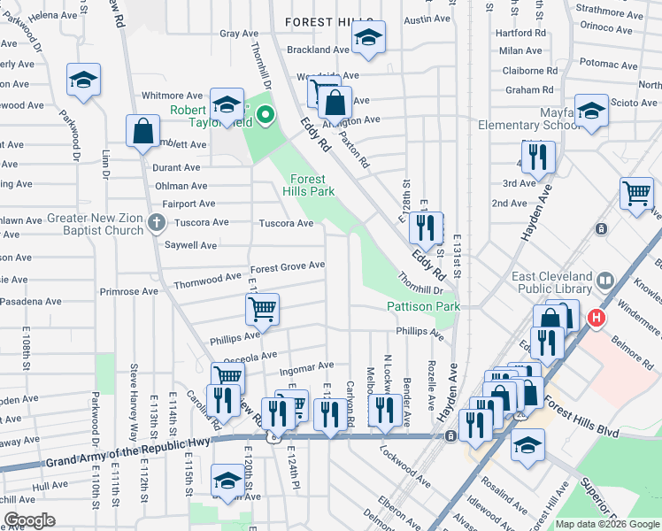 map of restaurants, bars, coffee shops, grocery stores, and more near 1096 East 125th Street in Cleveland