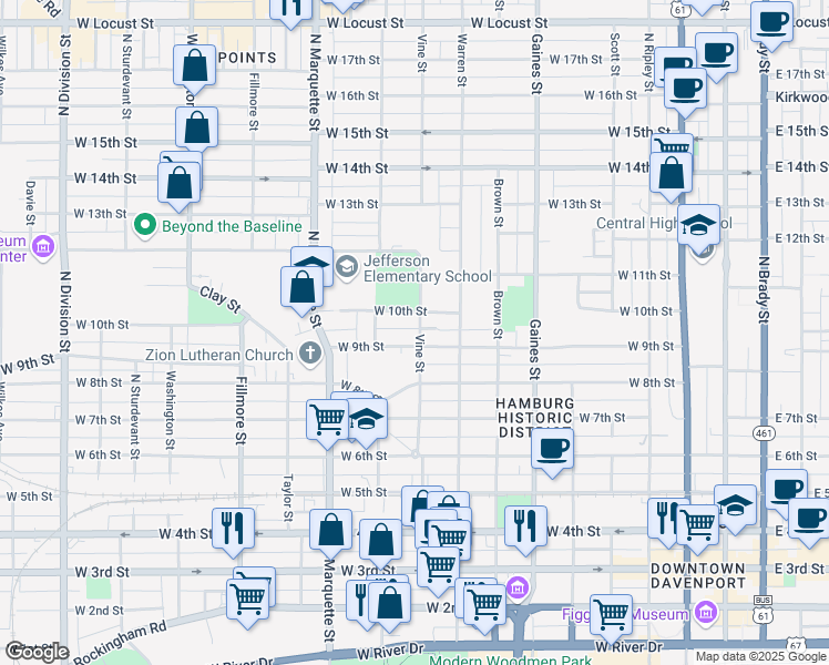 map of restaurants, bars, coffee shops, grocery stores, and more near 914 Vine Street in Davenport