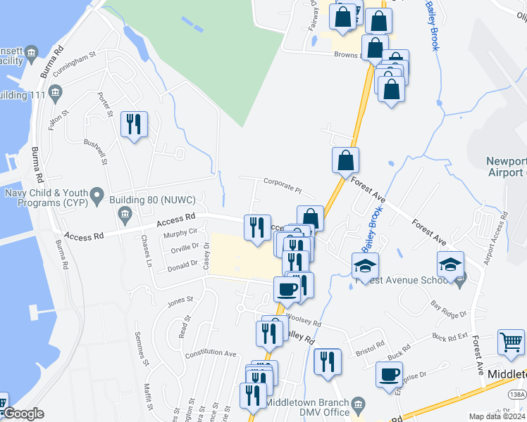 map of restaurants, bars, coffee shops, grocery stores, and more near 9 Commerce Drive in Middletown