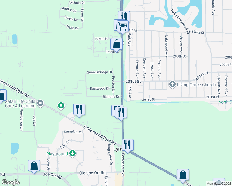 map of restaurants, bars, coffee shops, grocery stores, and more near 20173 Preston Lane in Lynwood