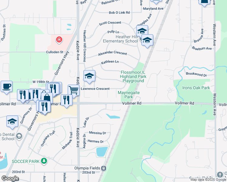 map of restaurants, bars, coffee shops, grocery stores, and more near 3000 Lawrence Crescent in Flossmoor