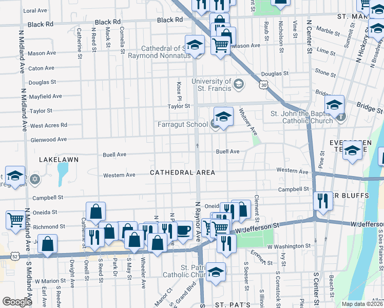 map of restaurants, bars, coffee shops, grocery stores, and more near 310 North Raynor Avenue in Joliet