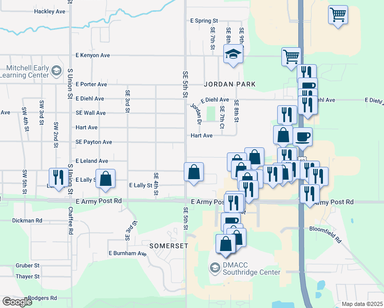 map of restaurants, bars, coffee shops, grocery stores, and more near 6151 Southeast 5th Street in Des Moines