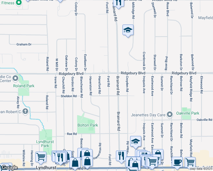 map of restaurants, bars, coffee shops, grocery stores, and more near 1144 Ford Road in Lyndhurst
