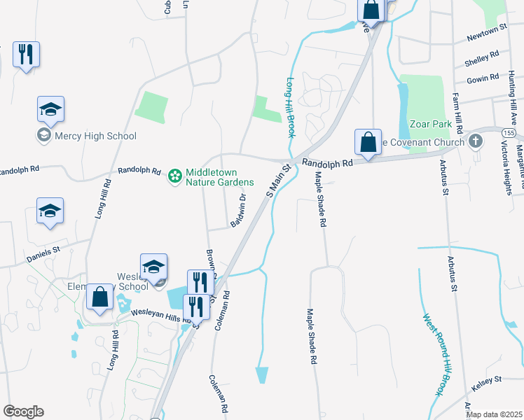 map of restaurants, bars, coffee shops, grocery stores, and more near 67 Baldwin Drive in Middletown