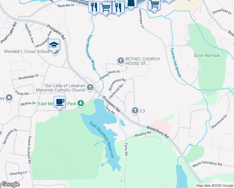 map of restaurants, bars, coffee shops, grocery stores, and more near 45 Bracewood Road in Waterbury