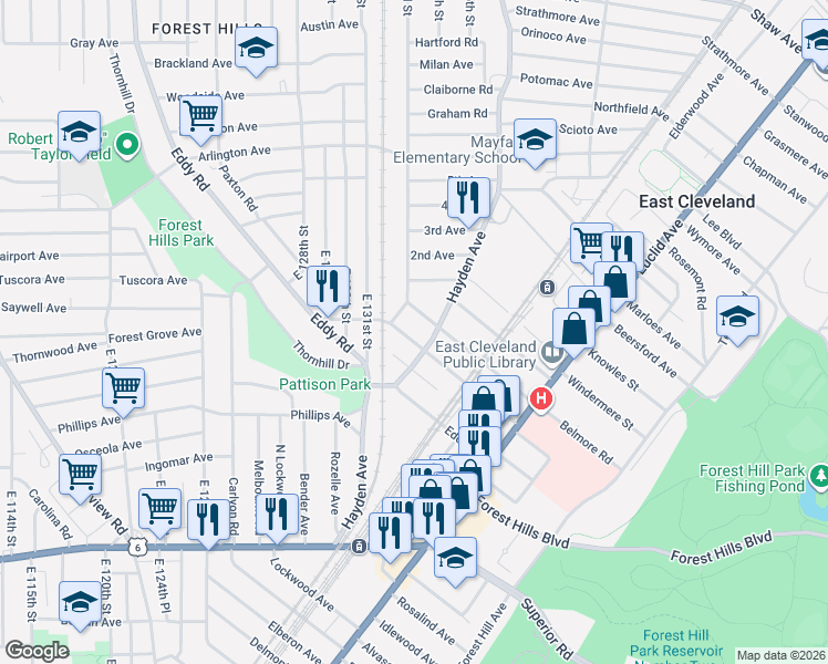 map of restaurants, bars, coffee shops, grocery stores, and more near 1834 Hayden Avenue in East Cleveland