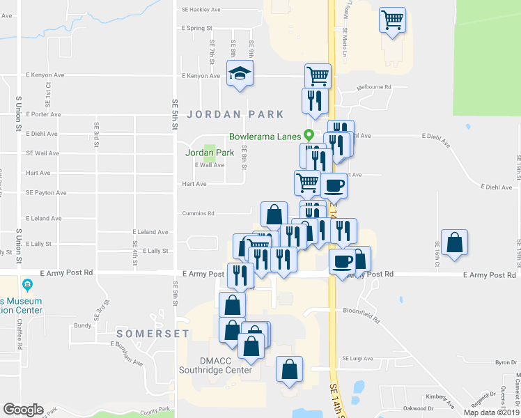 map of restaurants, bars, coffee shops, grocery stores, and more near 1100 Cummins Road in Des Moines