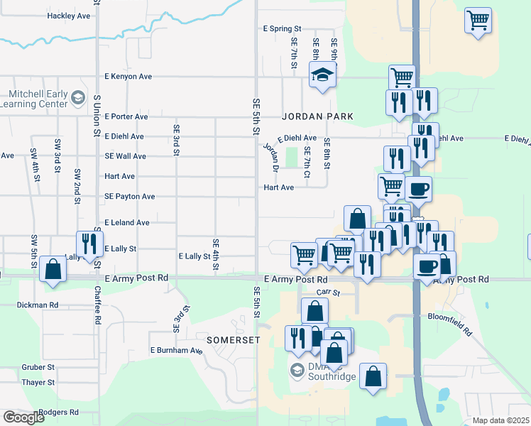 map of restaurants, bars, coffee shops, grocery stores, and more near 6151 Southeast 5th Street in Des Moines