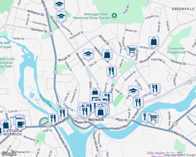 map of restaurants, bars, coffee shops, grocery stores, and more near 171 Broadway in Norwich