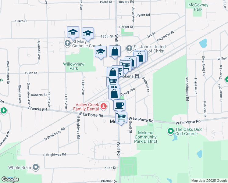 map of restaurants, bars, coffee shops, grocery stores, and more near 19806 Wolf Road in Mokena
