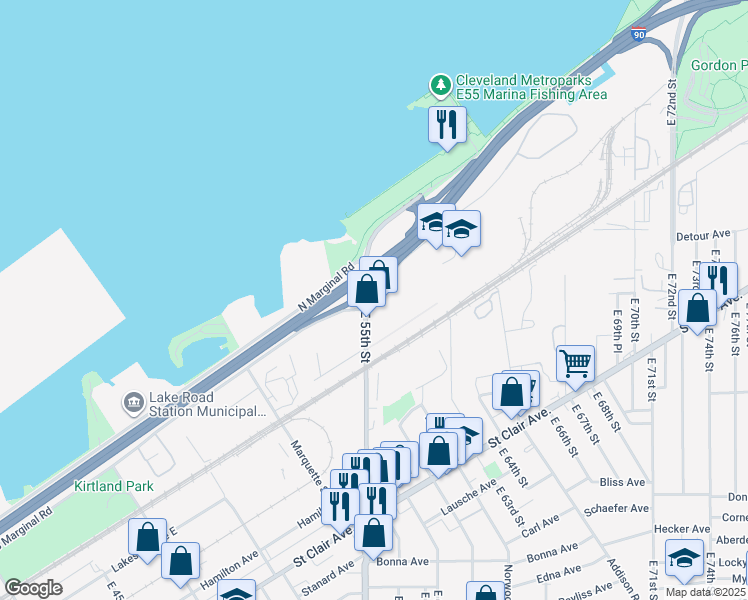 map of restaurants, bars, coffee shops, grocery stores, and more near 6150 South Marginal Road in Cleveland