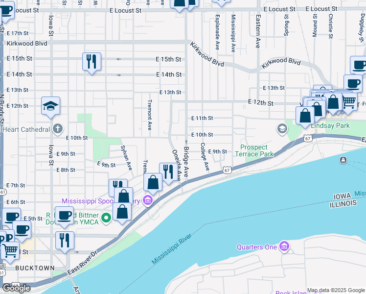 map of restaurants, bars, coffee shops, grocery stores, and more near 908 Bridge Avenue in Davenport