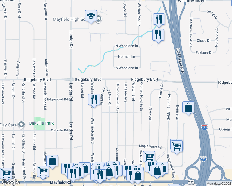 map of restaurants, bars, coffee shops, grocery stores, and more near 1151 East Miner Road in Mayfield Heights