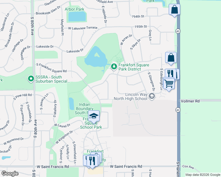map of restaurants, bars, coffee shops, grocery stores, and more near 7531 West Inverness Lane in Frankfort