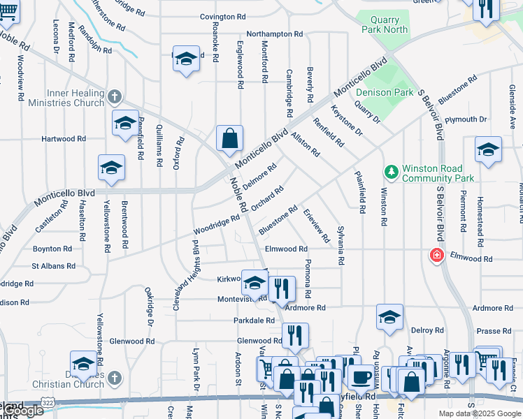 map of restaurants, bars, coffee shops, grocery stores, and more near 3912 Orchard Road in Cleveland Heights