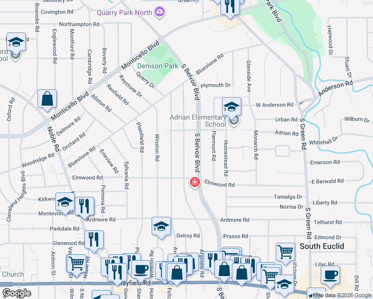 map of restaurants, bars, coffee shops, grocery stores, and more near 1129 Argonne Road in South Euclid
