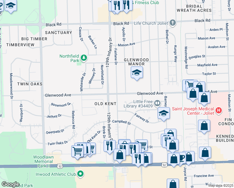 map of restaurants, bars, coffee shops, grocery stores, and more near 2719 Glenwood Avenue in Joliet