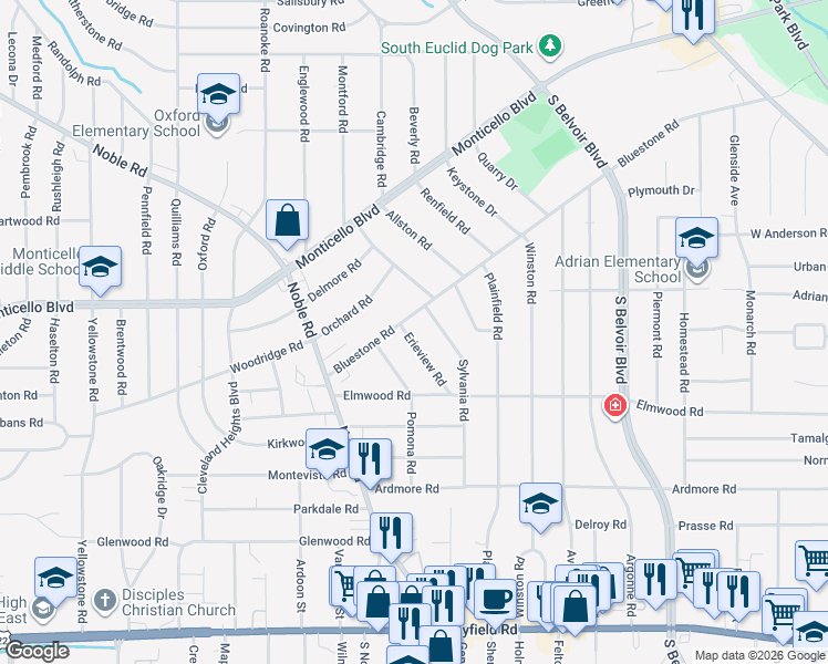 map of restaurants, bars, coffee shops, grocery stores, and more near 1143 Erieview Road in Cleveland Heights