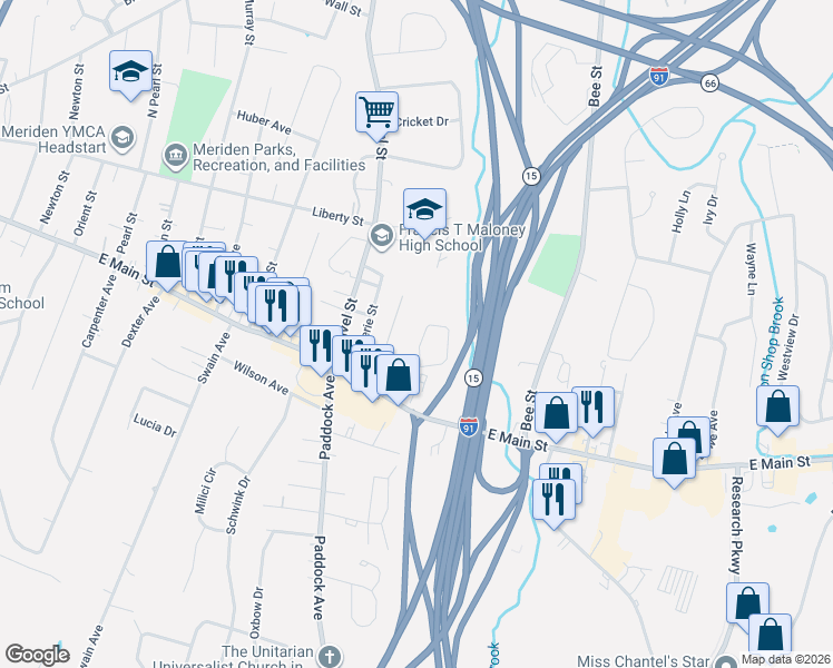 map of restaurants, bars, coffee shops, grocery stores, and more near 173 Belvedere Drive in Meriden